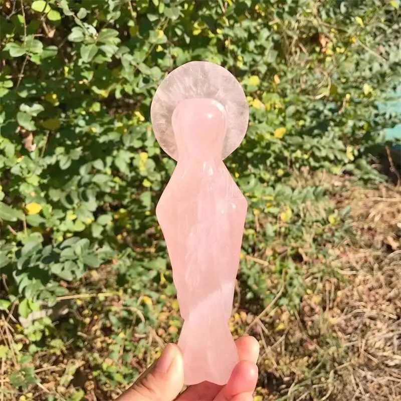 16CM Natural Rose Quartz Statue Of The Virgin Mary Crystal Carving Crafts Cure Fashion Home Decoration Gift 1pcs