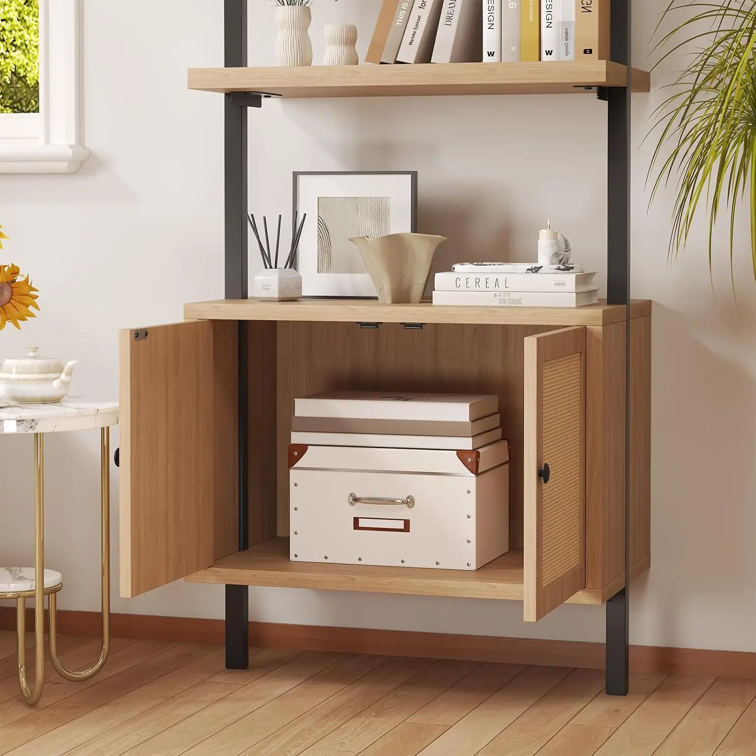 Ladder Bookshelf, 4 Tier Book Shelf with Rattan Cabinet, Wall Mount Bookshelves and Bookcases with Metal Frame, Anti Dump, Tall