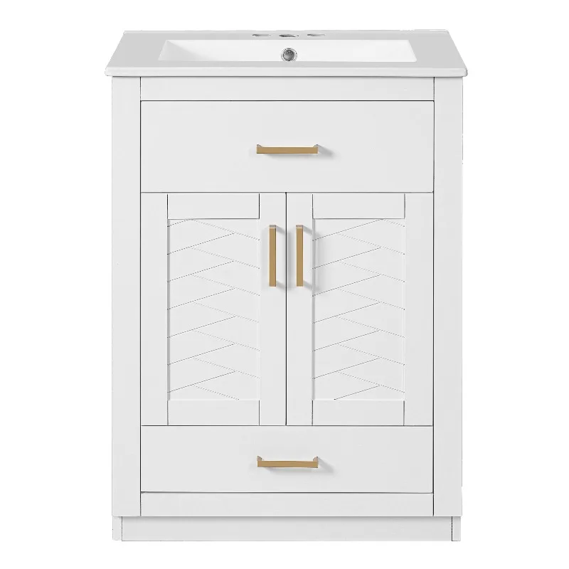 

24" Bathroom Vanity with Integrated Ceramic Sink, Bathroom Cabinet with 2 Doors, 1 Tip-out Drawer, Single Sink Bathroom Vanity for Small and Medium Restroom, White