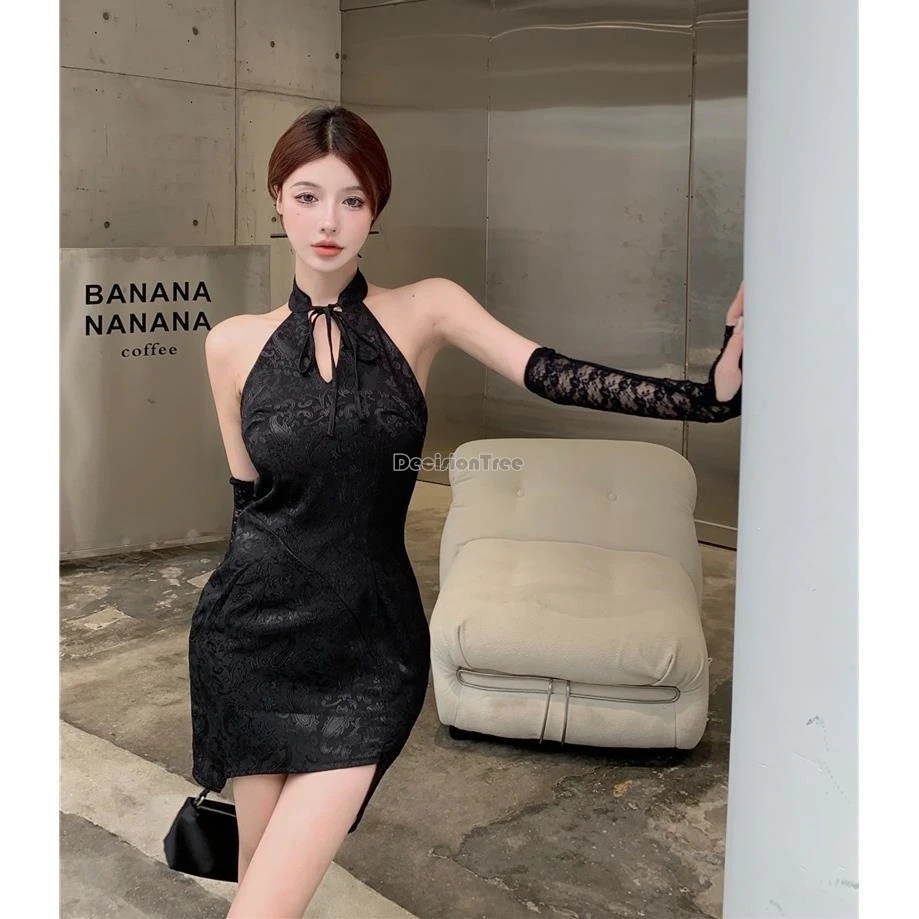 2025 chinese female vintage slimming elegant black cheongsam qipao new lace sexy package hip sleeveless cheongsam dress w473