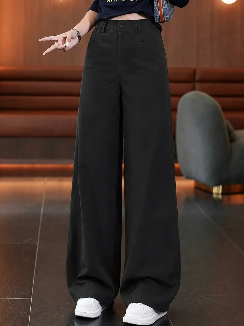 Elegant Anti-Aging Black Suit Wide Leg Pants Women's Casual Straight Loose Trousers Spring Autumn Lazy Draping High Waist