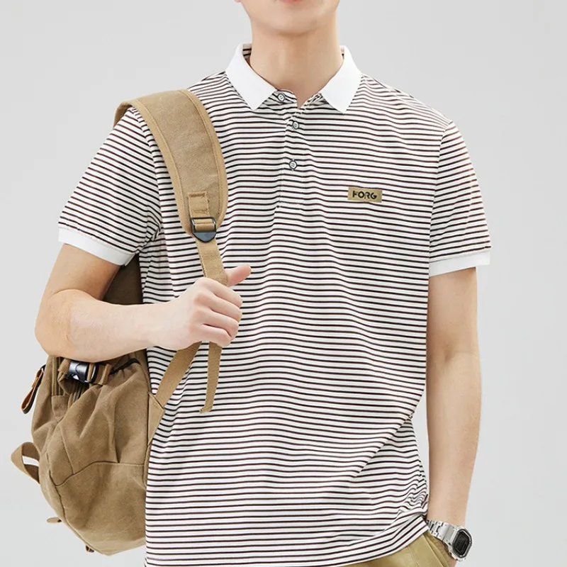 Summer Men's Striped Button Letter Turn-down Collar Pullover Solid Short Sleeve Polo T-shirt Casual Fashion Formal Vintage Tops