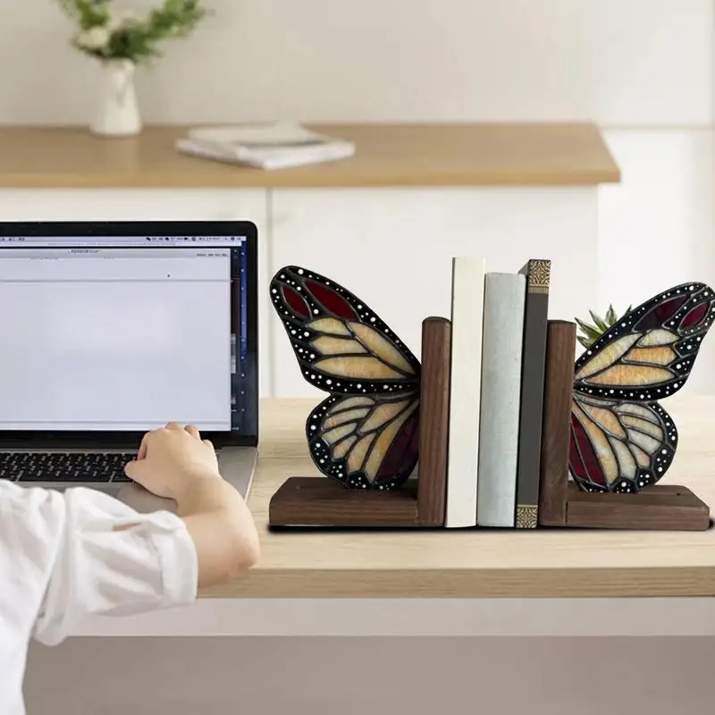 2Pcs/Pair wood Bookends Book Support Stand Creative butterfly wings home office Desktop Organizer Storage Shelf Decorative Book