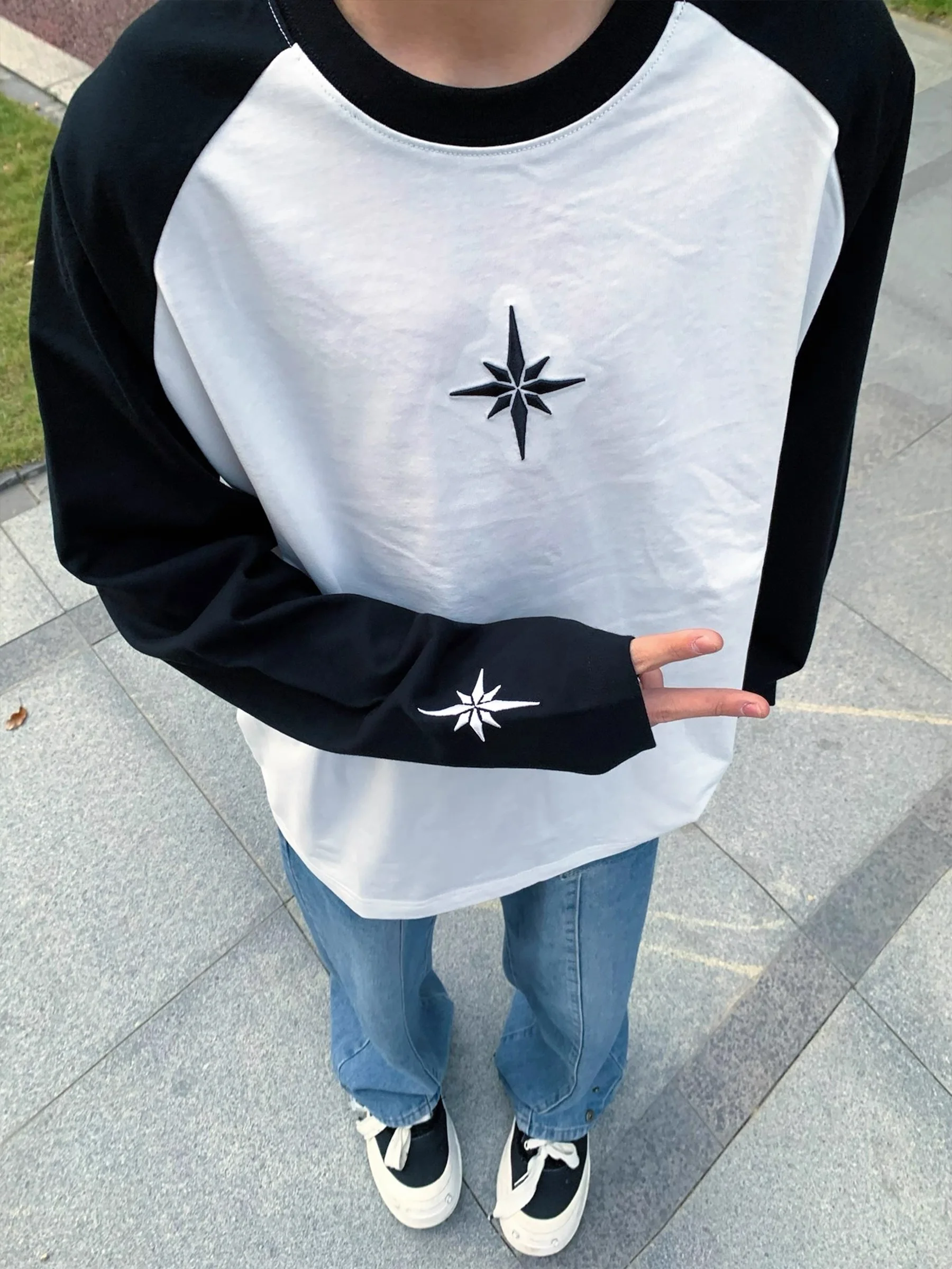 Arctic Star Embroidered Long Sleeve T-Shirt Casual round Neck Pullover Men's Spring Autumn Heavyweight American Retro Style Top