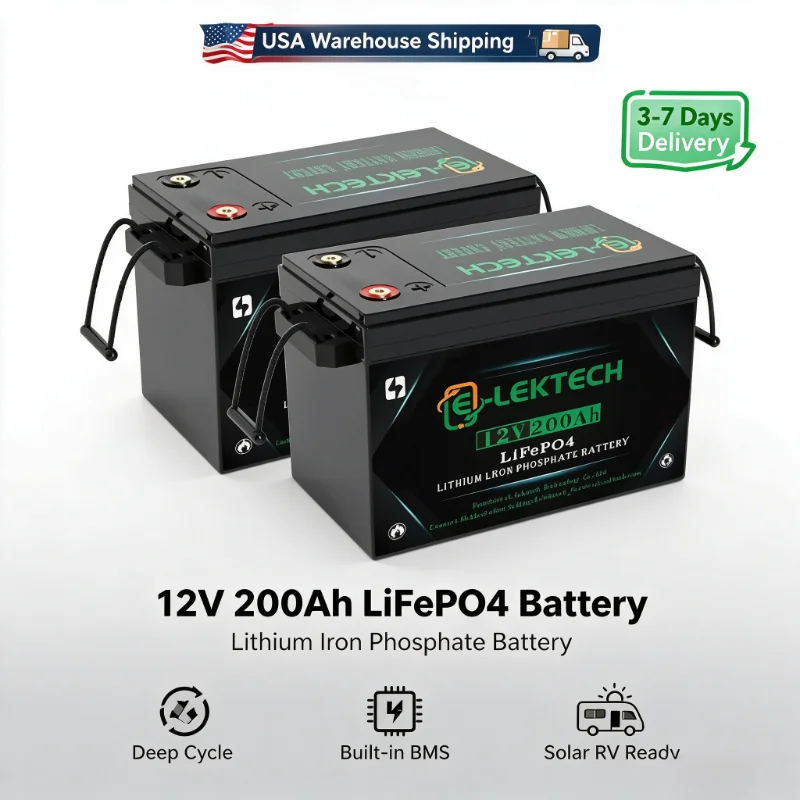 US Warehouse 3-7 Days Delivery 2 Pack 12V 200Ah LiFePO4 Lithium Iron Phosphate Battery Built-in BMS Deep Cycle Solar RV Marine Off-Grid Energy Storage Batteries