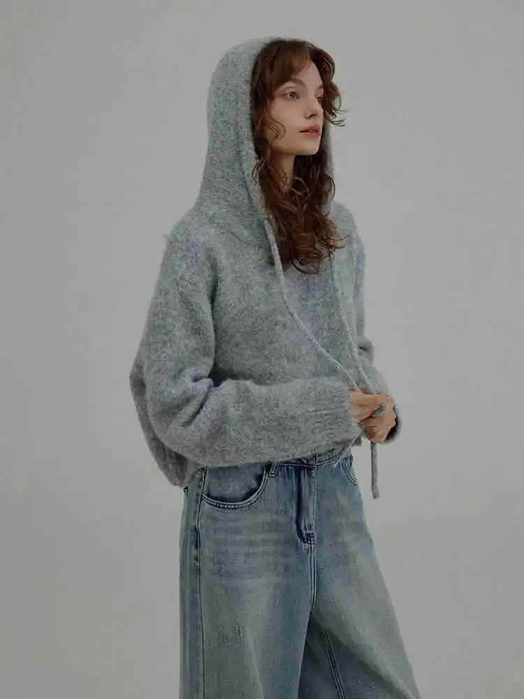 French Grey Drawstring Knitted Sweater For Women'S Autumn And Winter Fashion Hooded Loose Short Top