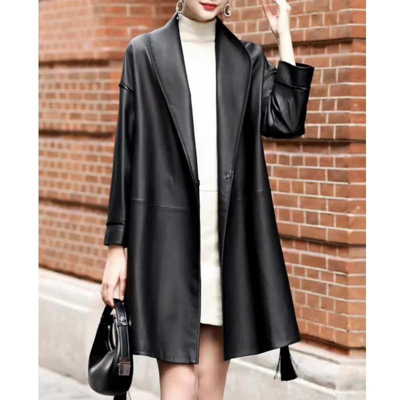 

Julypalette 2023 Autumn V-neck Genuine Leather Mid Length Trench Women Fashion Lace-up Belt Ladies Black Sheepskin Trench Coats