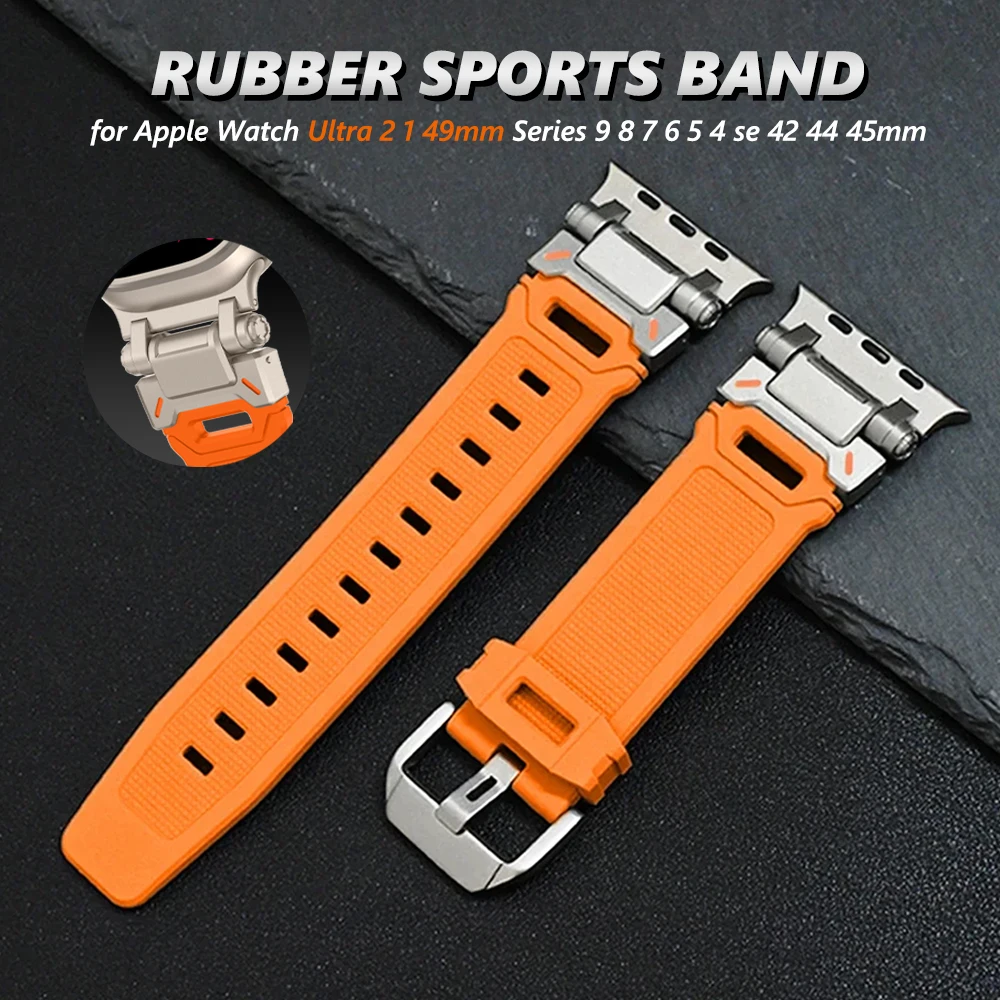 Titanium Orange Rubber Strap for Apple Watch Ultra 2 49mm Band 45mm 42 44mm Silicone Bracelet for iWatch Series 9 8 7 6 5 3 4 se