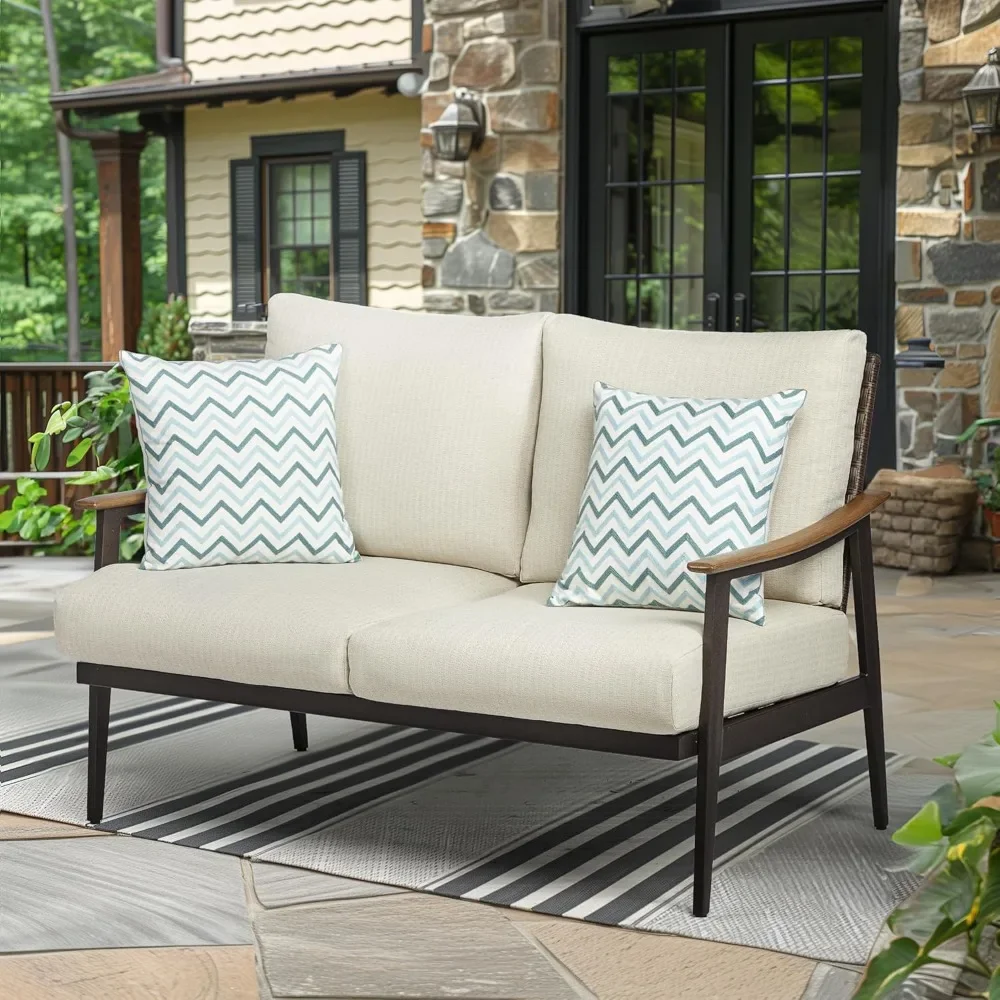 

Patio Loveseat Sofa Outdoor Furniture Metal Chair with Wicker Backrest & 6 Inches Cushion for Indoor, Front