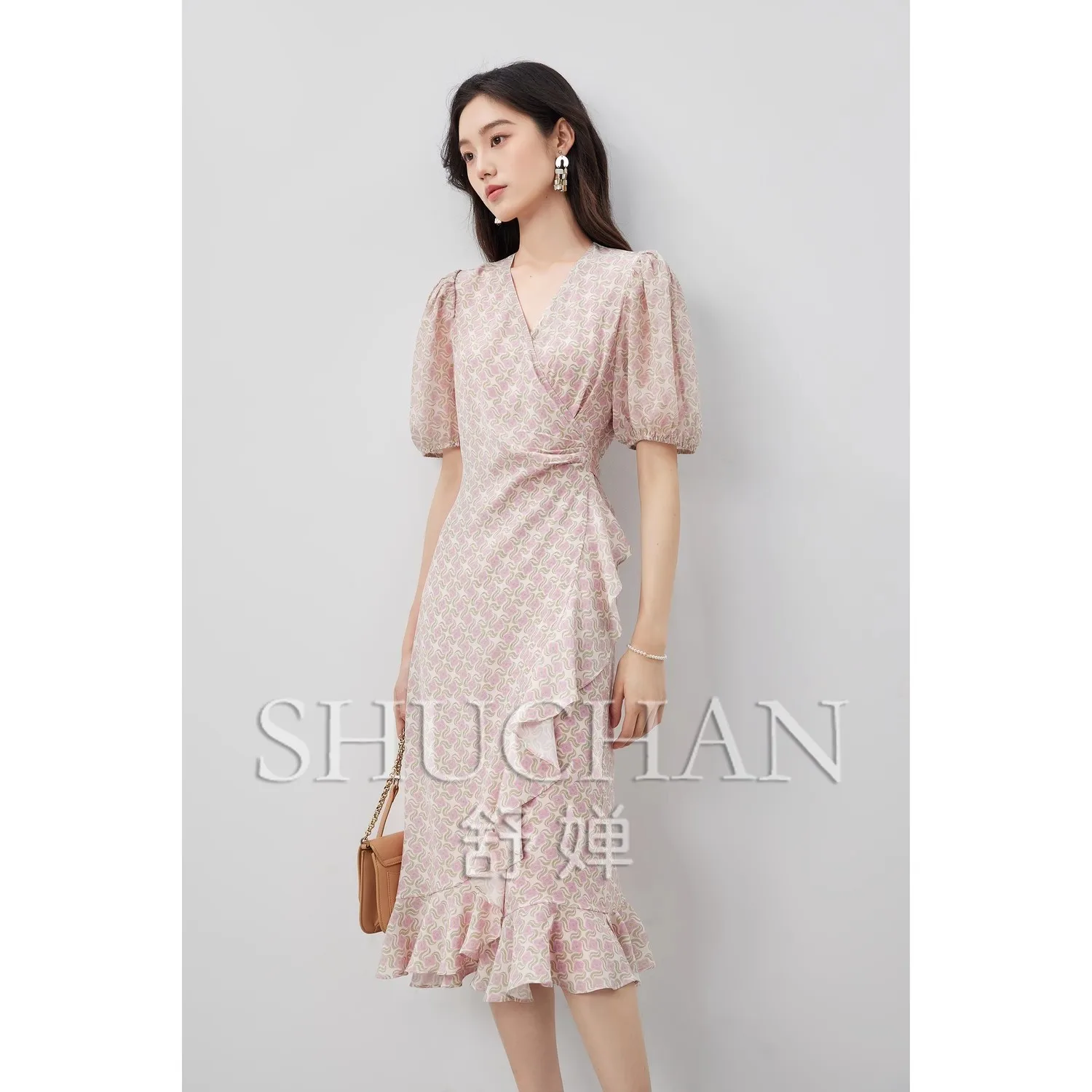 

Flounced edge dresses women Double crepe silk + georgette silk, geometric printing one-piece lotus leaf hem dress