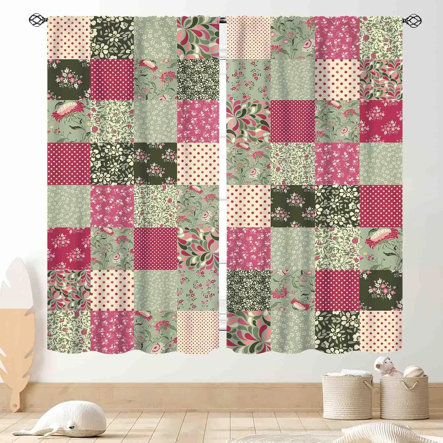 Boho Floral Curtains, Bohemian Patchwork Floral Vintage Stitching Sage Green Checkered Pink Flower Retro Window Treatments for