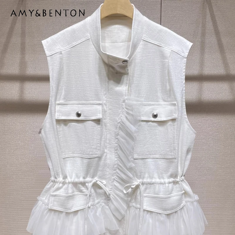 

French Style Beautiful Women's Top 2026 Summer New Workwear Style Vest Drawstring Waist Stand-up Collar Sleeveless Vests Ladies