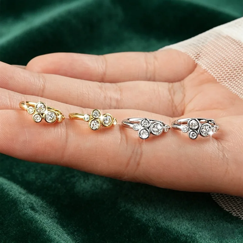 Lnngy Creolen-Ohrringe mit rundem Moissanit im Lünettenfassung für Damen, 14 Karat Gold gefüllt, fünf Steine, Kreis-Ohrringe, trendiges Schmuckgeschenk – Detail 2
