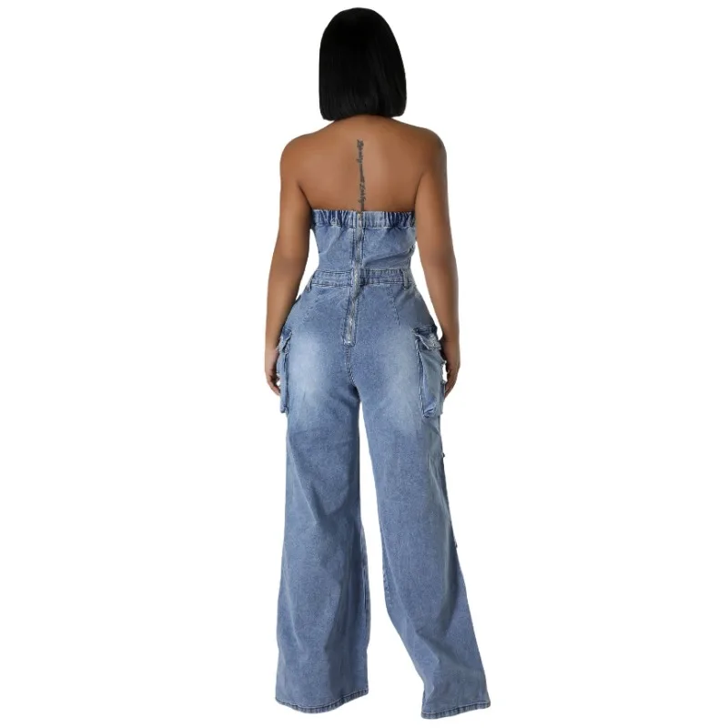 Y2k Women's Denim Jumpsuit Trendy Fashion Spice Chest Breasted Multi-Pocket Cargo Pants Hollow Out Sexy Streetwear Slim Overalls