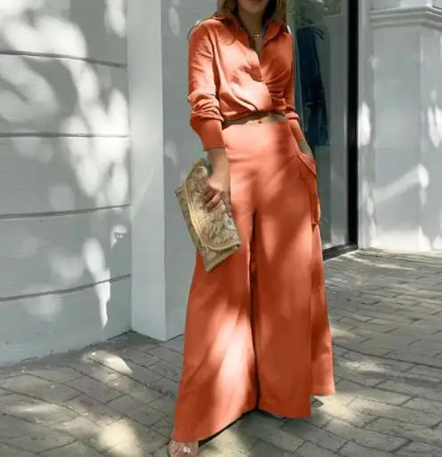 

Temperament Solid Color Lapel Slim Fit Crop Top and High Waisted Pocket Wide Leg Pants Set for Autumn Women's Casual 2-Piece Set