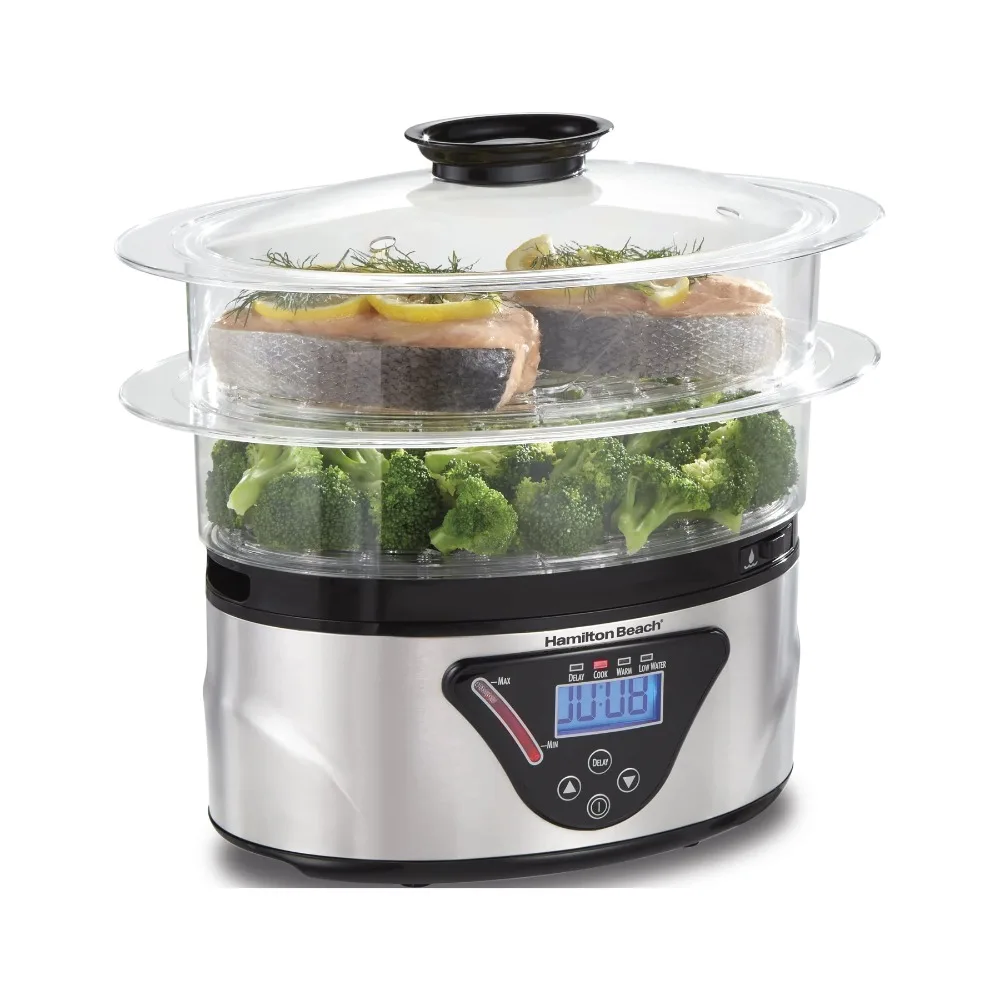 

Food Steamer and Rice Cooker, Digital Programmable, 5.5 Quart Capacity, 2-Tier, Silver, 37530