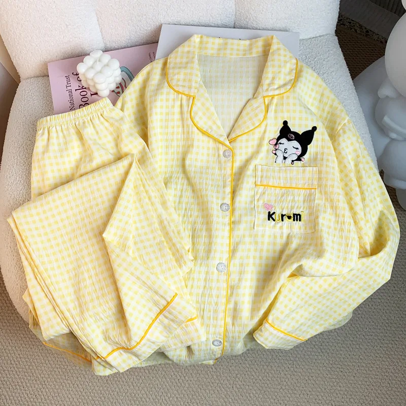 

Sanrios Women's Cotton Pajamas Kuromi Long Sleeved Spring Autumn New Kawaii Cartoon Sweet Girl Casual Comfort Home Clothing Set