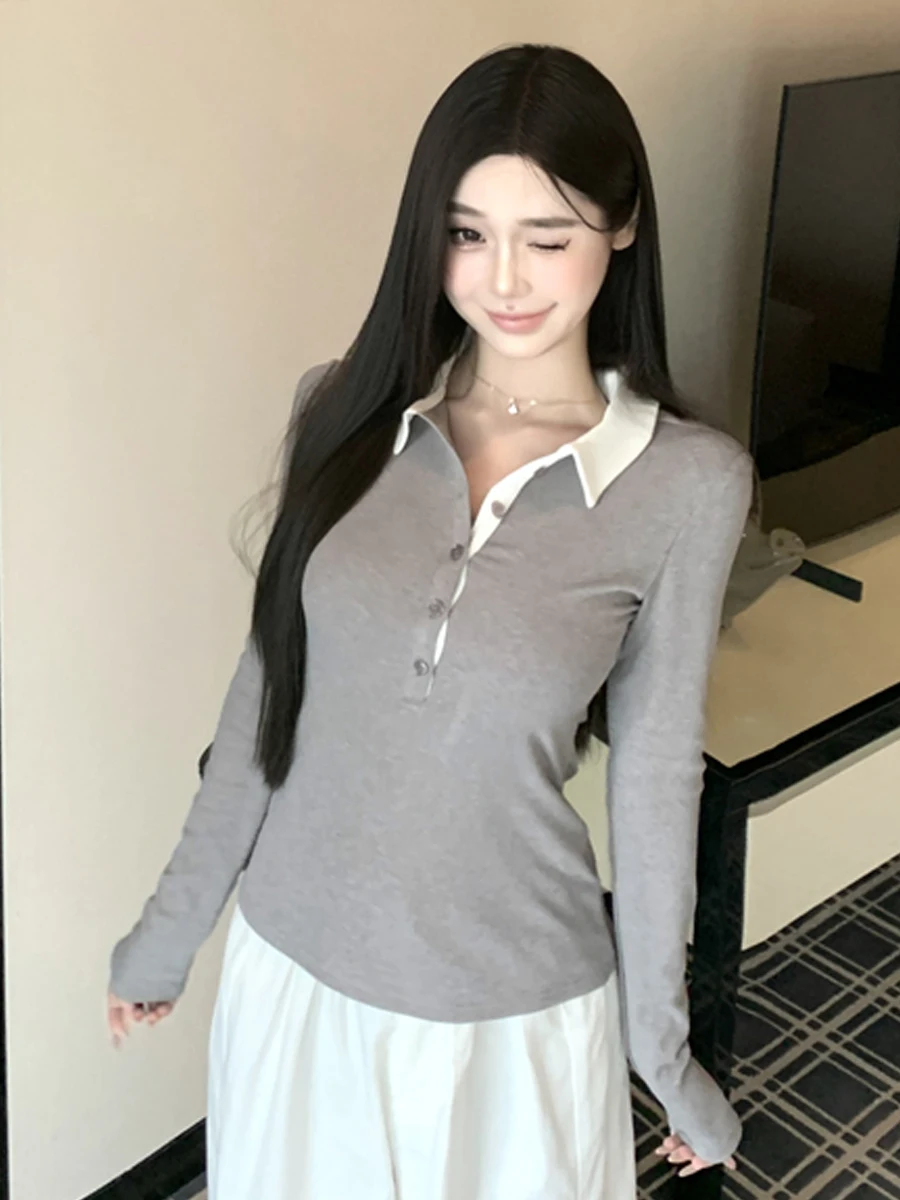 

Повседневная сексуальная цветная футболка с длинным рукавом на пуговицах, облегающая, универсальная базовая модель для женщин, весенняя, молодежная