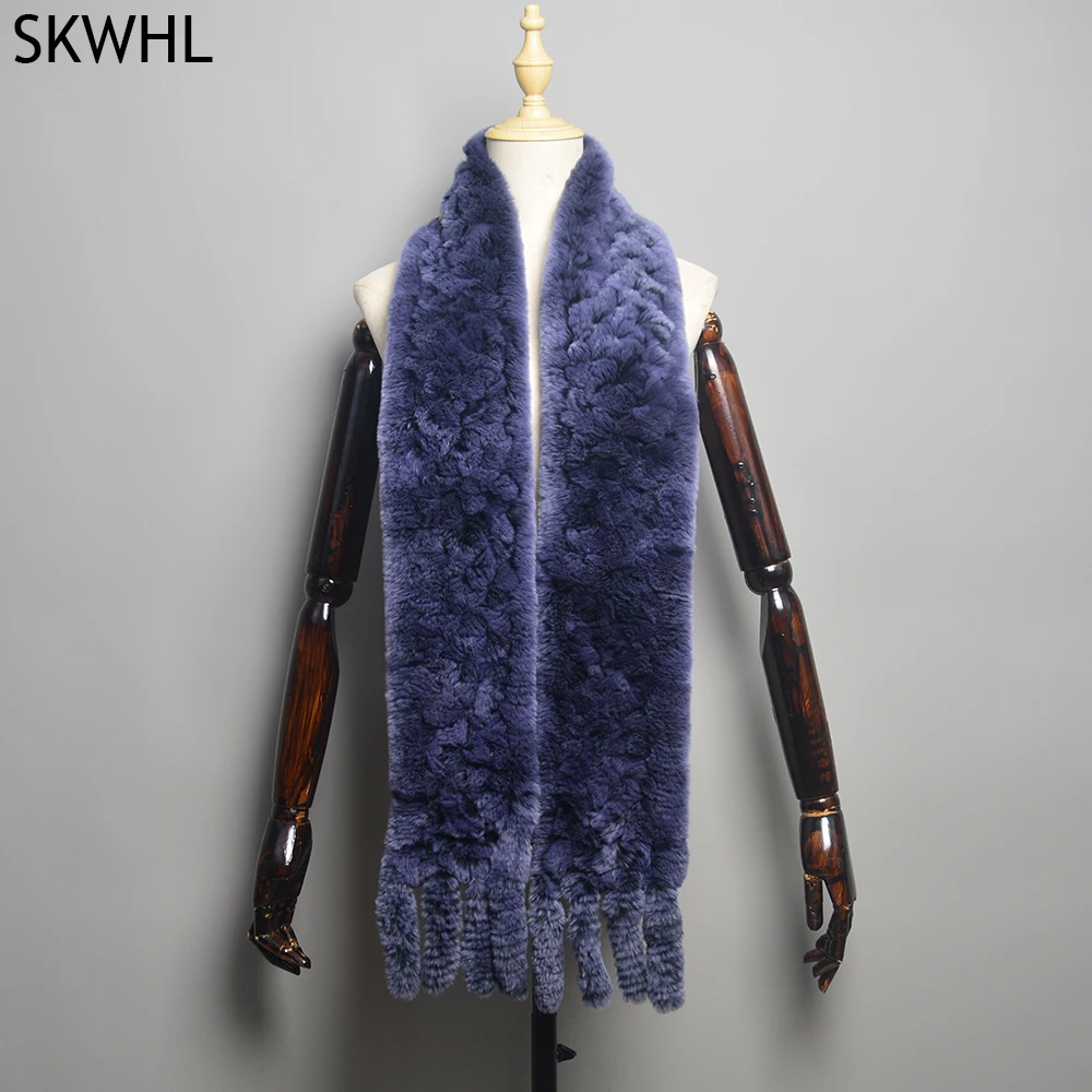 2024 Long Style Women Winter Real Rex Rabbit Fur Scarf Natural Rex Rabbit Fur Scarves Lady Knitted Rex Rabbit Fur Ring Scarves