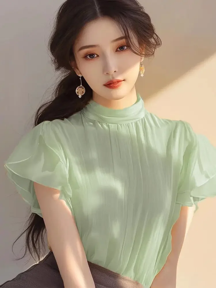 

Short-sleeved Top for Women in Summer Fashionable Shirt French Style Unique and Beautiful Age-reducing Mint Green Chiffon Shirt
