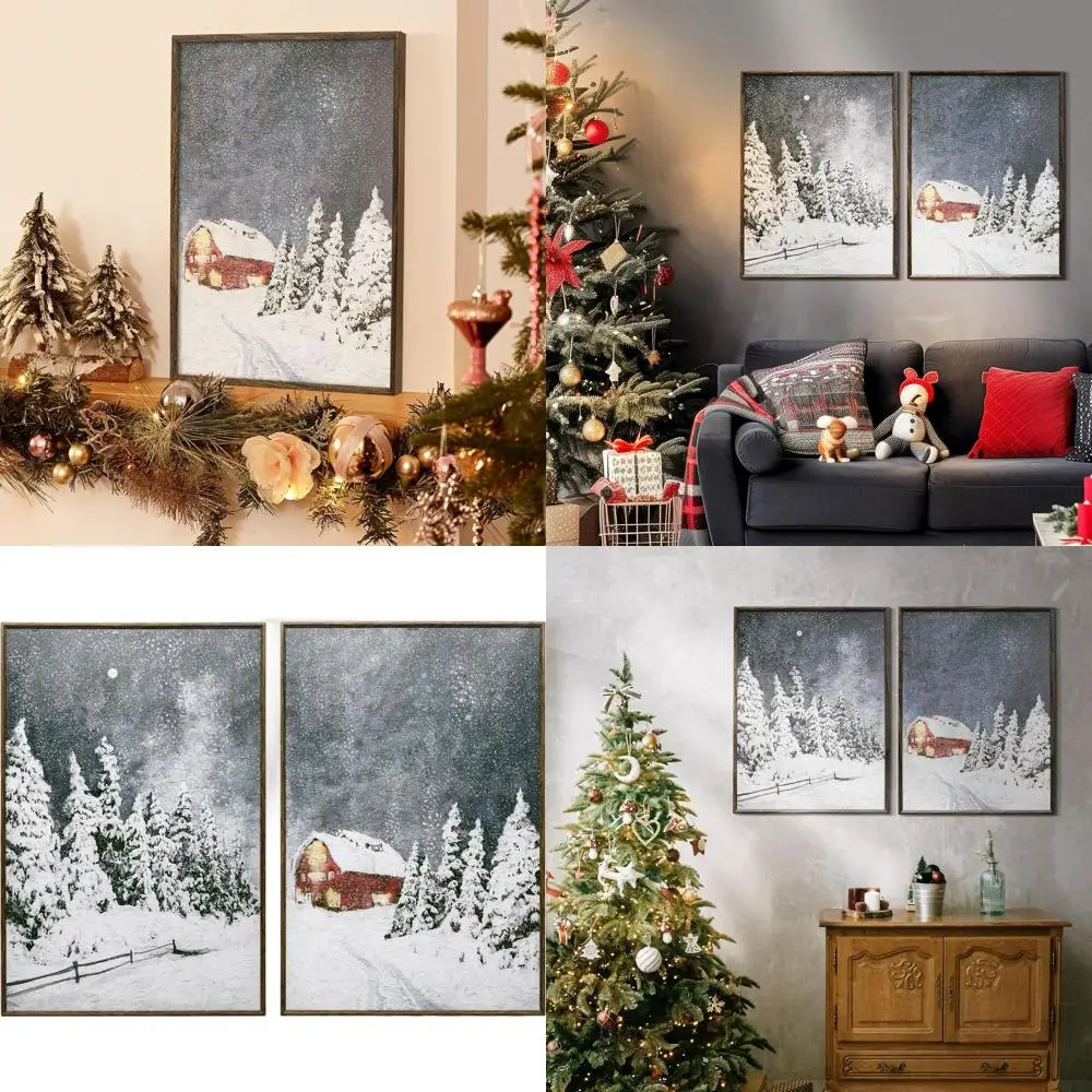 

Pair of Large Christmas Canvas Art for Home: Red House & Tree Wall Decor, 16x24 Inches