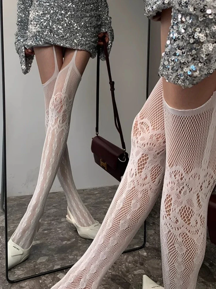 جوفاء خارج الدانتيل شبكة صيد السمك الحمالة الجوارب المرأة مثير ضئيلة النايلون شبكة الفخذ العليا جوارب الجوارب البيضاء مفتوحة المنشعب جوارب طويلة #5