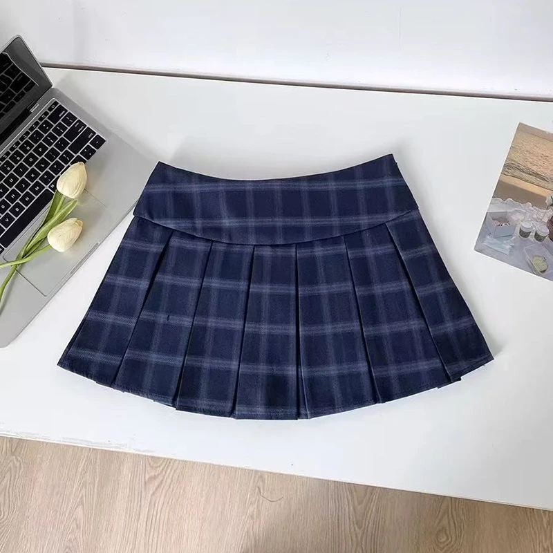 Blue Plaid Pleated Skirts for Women Vintage High Waist Preppy All