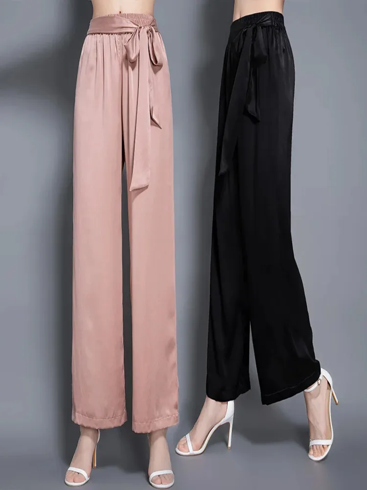 

Spring Summer 2024 New Black Wide Leg Pants For Women Casual Loose Trousers Korean Bow Mulberry Silk Streetwear Zm