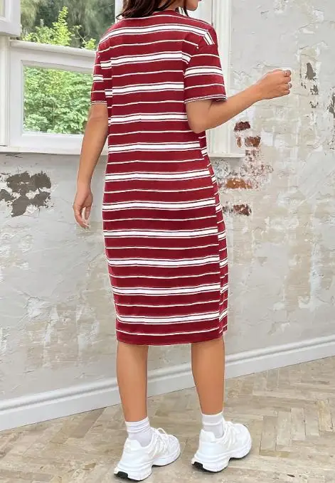 

Fashionable and Casual Summer New Item for 2025 Women's Mid Length Long Skirt, Short Sleeved Round Neck Striped Printed Dress