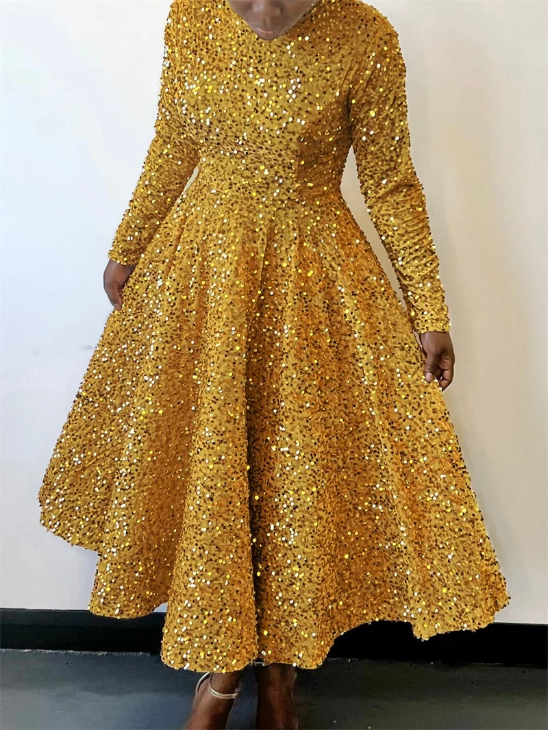 Large Size Embroidered Sequin Party Dress Solid Color Full Sleeved High Waisted Prom Gown Medium Length A-line Evening Robes