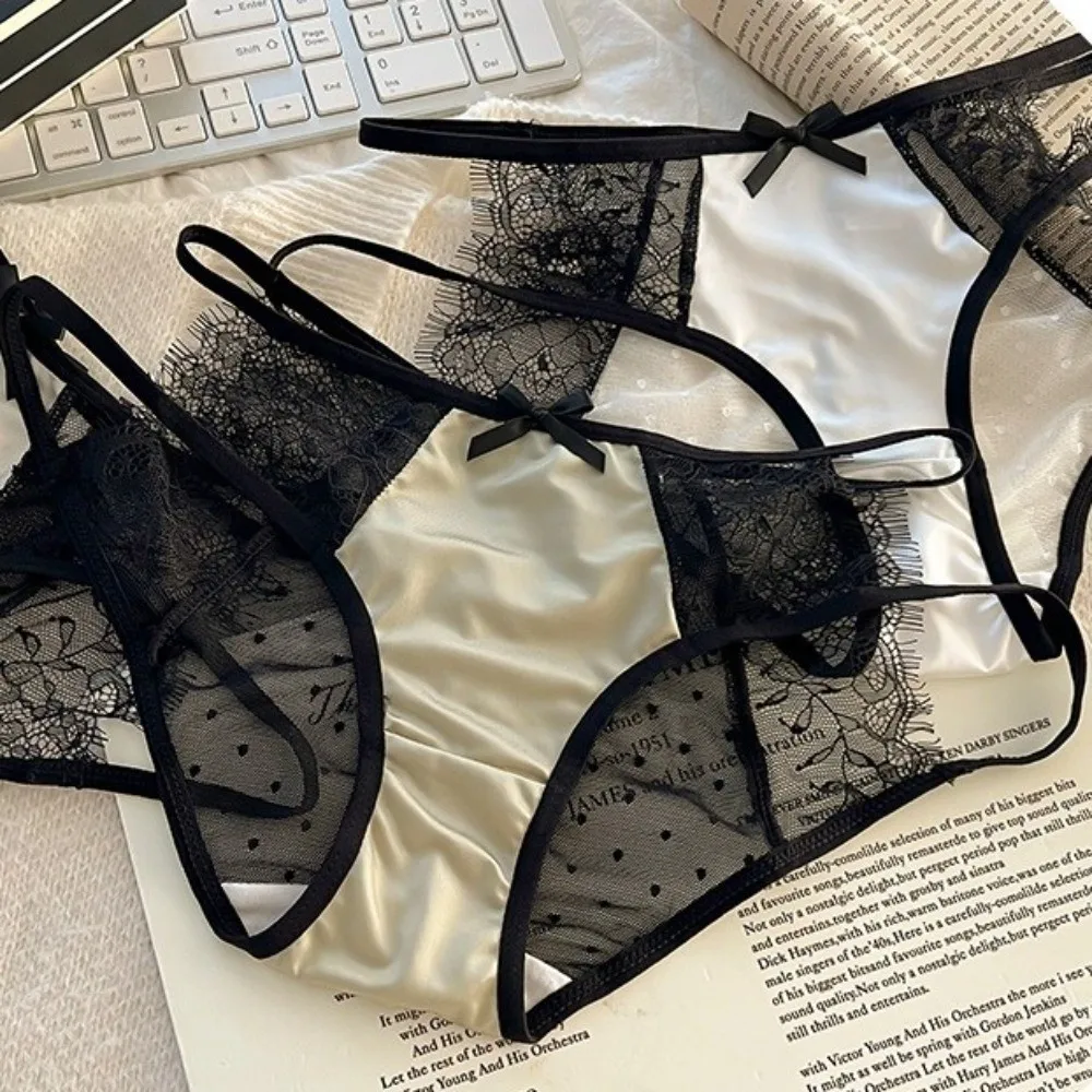 

Cute Low Waist Underwear for Women Bow Transparent Sweet Lace Panties Hollow Mesh Satin Silk Briefs Lady