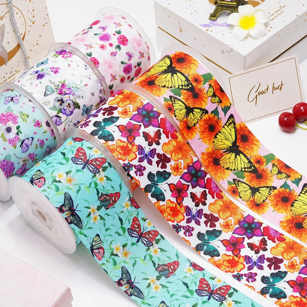 Cinta de grogrén impresa con flores y mariposas para manualidades, accesorios de costura, molde de resinas planas, 5 yardas, 10 piezas 50293