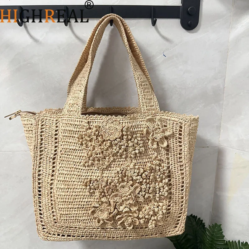 

Summer Flower Woven Tote Bag Bohemian Travel Straw Bags for Women Imported Raffia Grass Classic Women's Fashion Bags Handbag