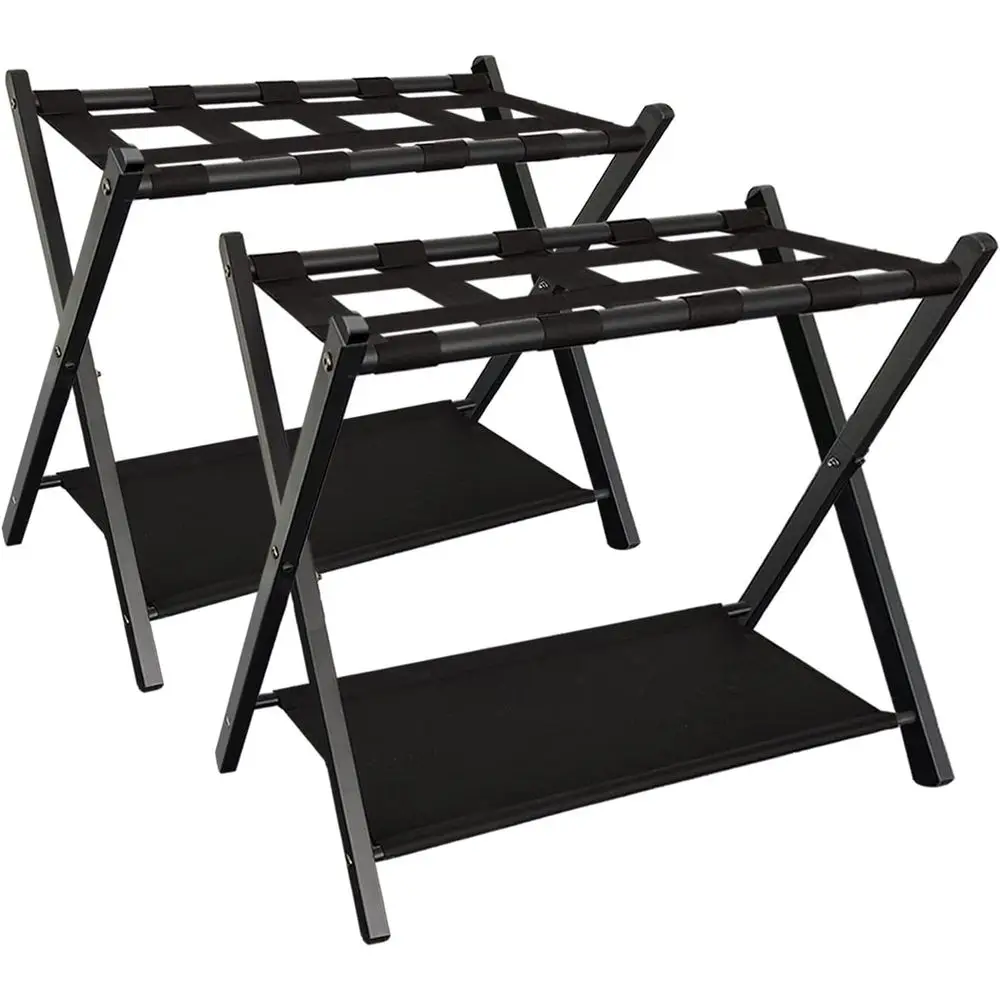 

Collapsible Metal Suitcase Storage Rack with Shelves for Bedroom or Hotel Essentials, Black