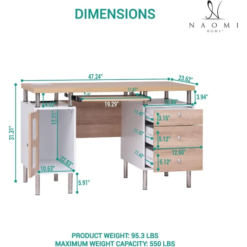 Drawer File Cabinet Two-Tone Desk with Keyboard Tray, Power Outlets, USB Ports Charging Station, Metal Legs