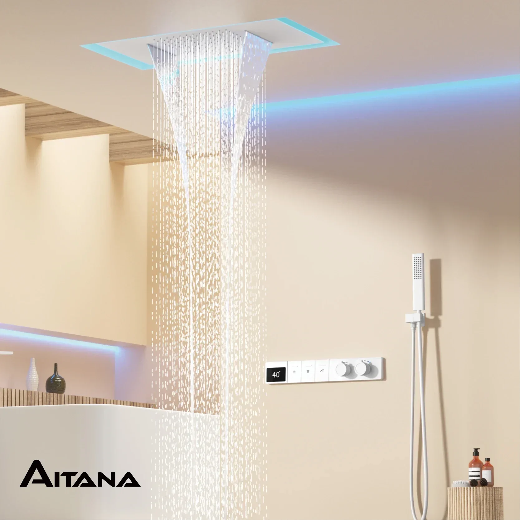 

Intelligent digital display luxury white brass shower system with hidden design Dual control of hot & cold Wall mounted faucet