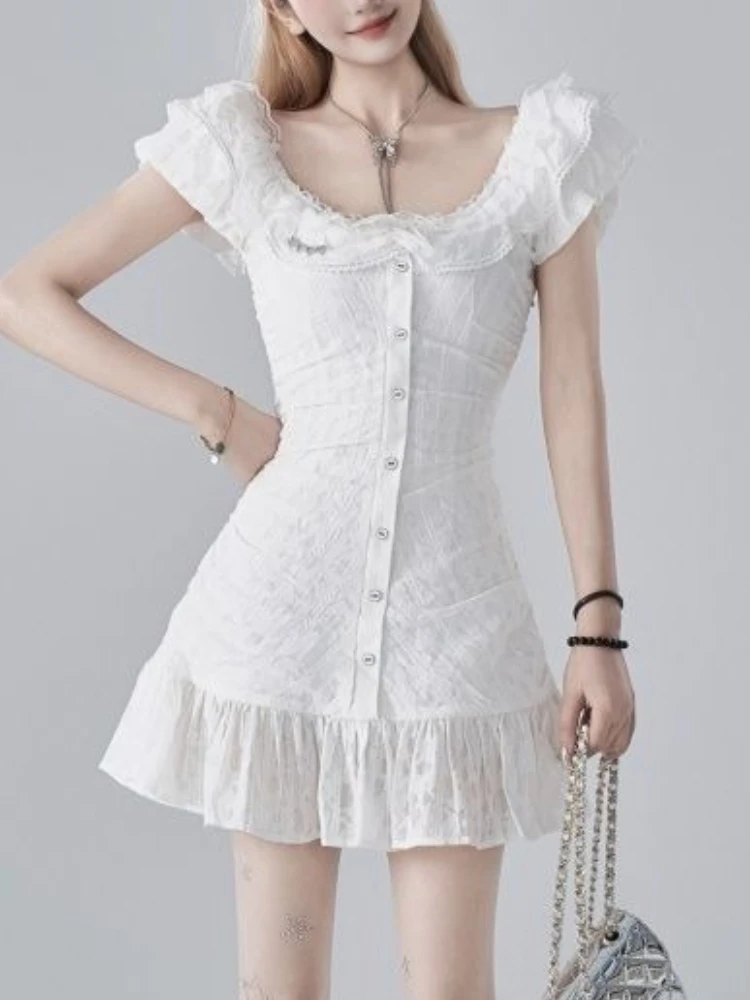 Zoete Witte Vierkante Kraag Mini Jurk Vrouwen Fee Bodycon Chic Design Jurk Japanse Kawaii Vliegende Mouw Avondfeest Jurk Nieuw