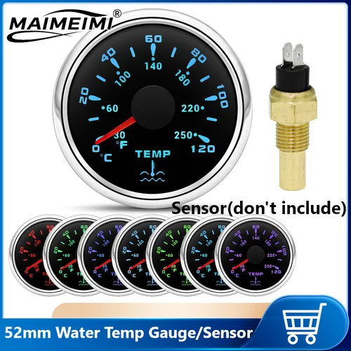 Medidor de temperatura del agua con retroiluminación de 7 colores, 52MM, 0 ~ 120 ℃   Sensor de temperatura del agua 1/8NPT 3/8NPT M14 M16 para camión de coche de barco marino 12V/24V