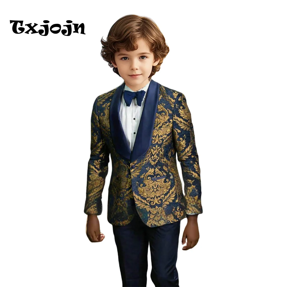 Gold Floral Pattern 3 Pieces Boy's Suit Set Blazer Pants Bow-tie Formal Boys Regular Fit Suits Classic Tuxedo For Birthday Party