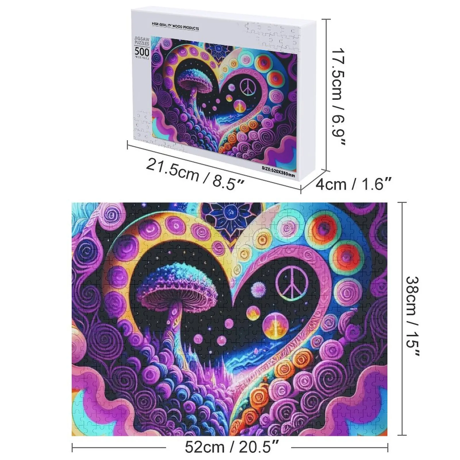 Rompecabezas de paz, amor y setas, imagen personalizada, rompecabezas con nombre de madera