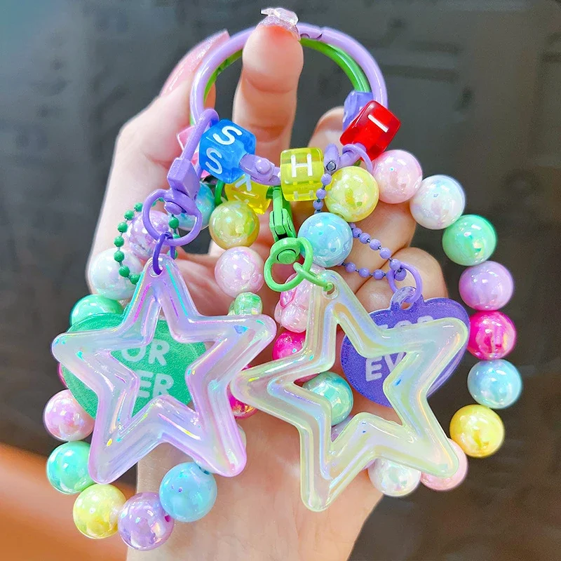 Cartoon String Pearl Star Key chain pendant bracelet creative couple car bag key chain gift