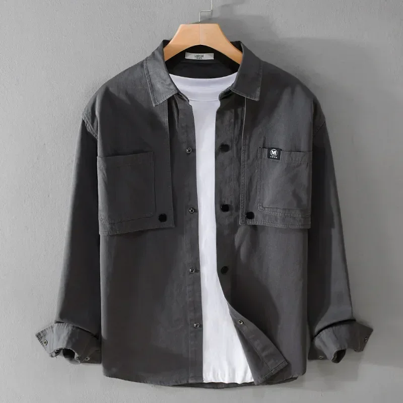 

American Style Cargo Shirt Men Streetwear Men Loose Top Pocket Pure Cotton Long Sleeve Gray Shirt Casual Fashion Men's Clothing
