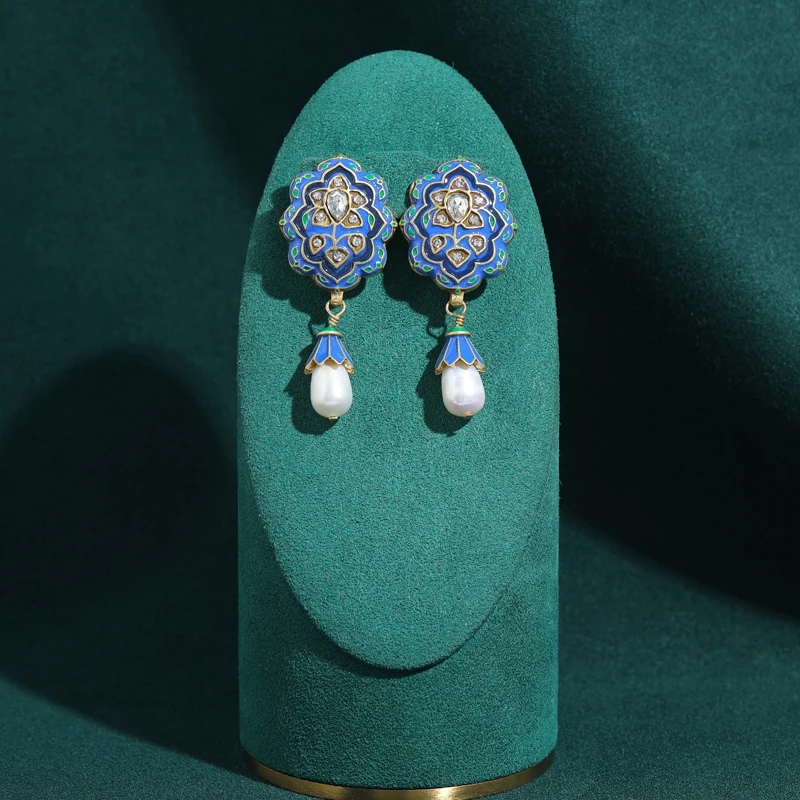 خمر الأقراط الزرقاء الكبيرة قطرة المينا اللؤلؤ زهرة قلادة اللون الفاخرة جودة مجوهرات اكسسوارات الحفلات للنساء 2025 جديد