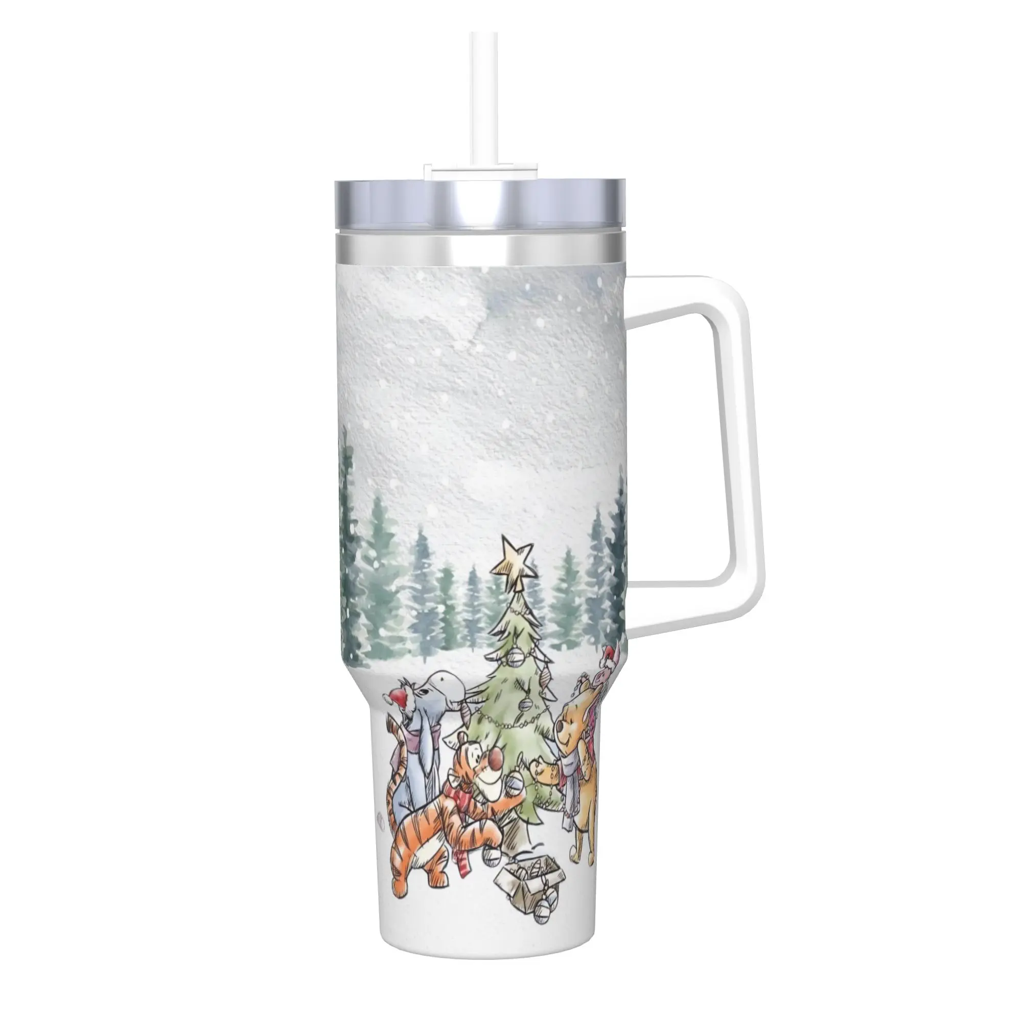 

40oz Winnie the Pooh Merry Christmas Vacuum Insulated Tumbler Cartoon with Handle Mugs School Ergonomic Straw Lid Cup Thermal
