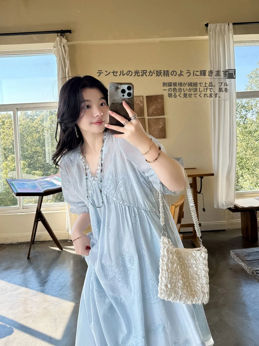 Elegant Blue Embroidered V-Neck Ruffle Loose Dress Anne Forest French Style Long Sleeve Casual Wear Silk Blend Gown