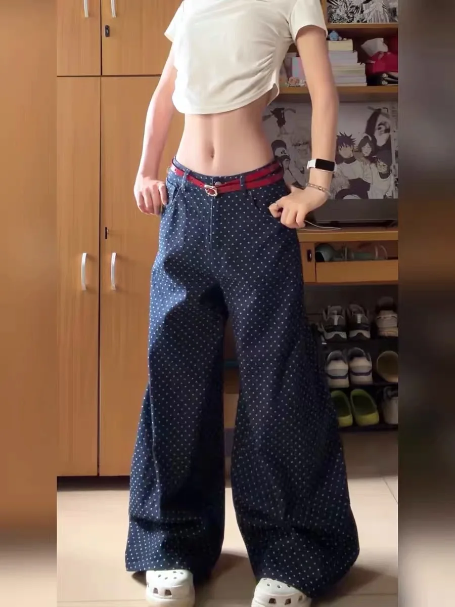 

Hong Kong Style Summer Thin Wide Leg Pants Polka Dot Loose Floor Length Casual Denim Skinnies High Waist Vintage Spring