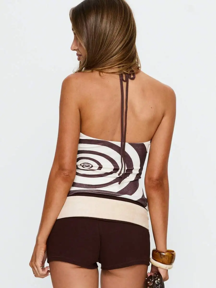 

Womens Halter Backless Sleeveless Crop Top With Spiral Print