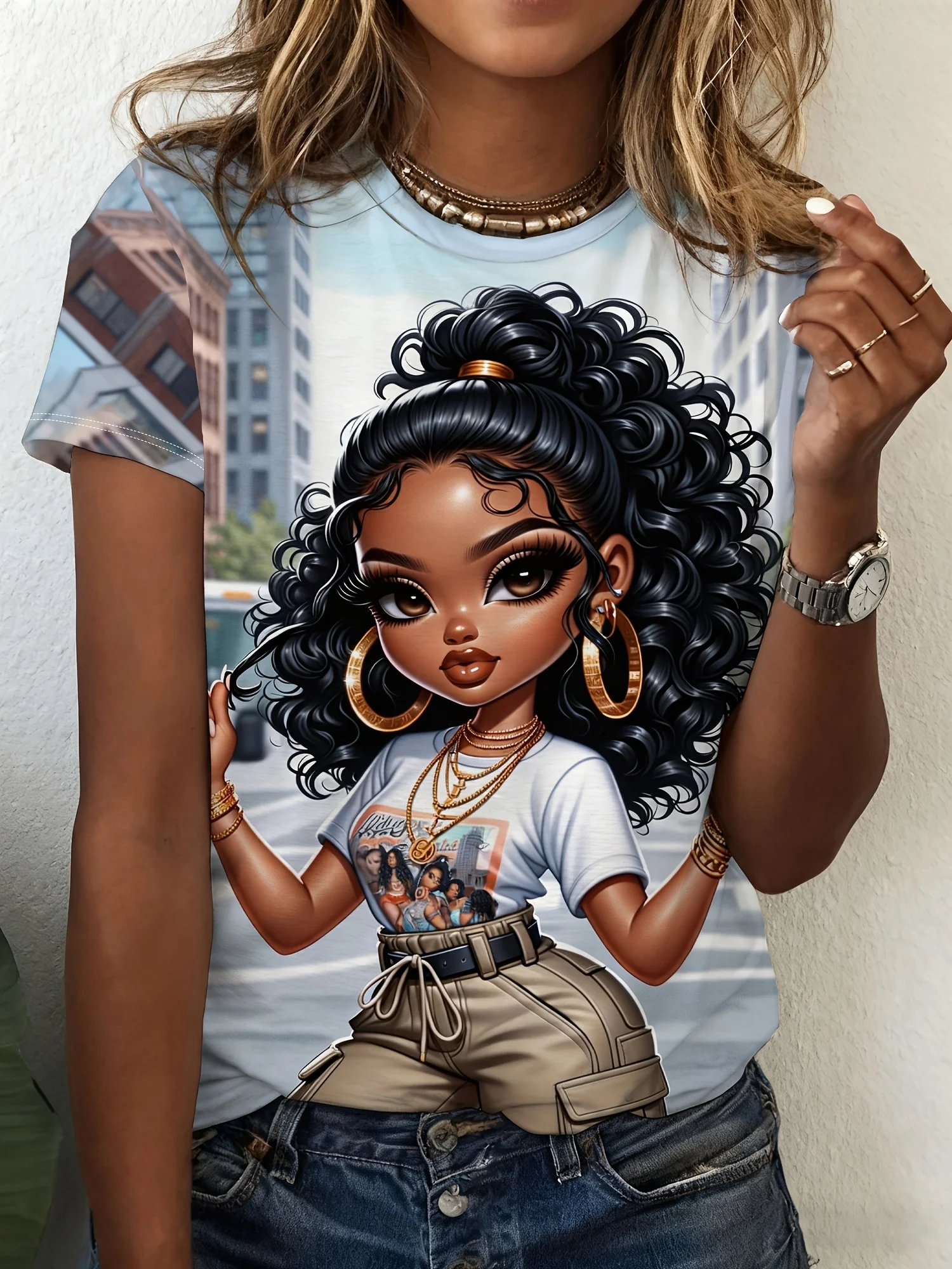 Women Crew Neck Short Sleeve T‑Shirt, Cute Afro Curly Hair Girl Urban City Street Style Graphic Print Casual Summer Tee