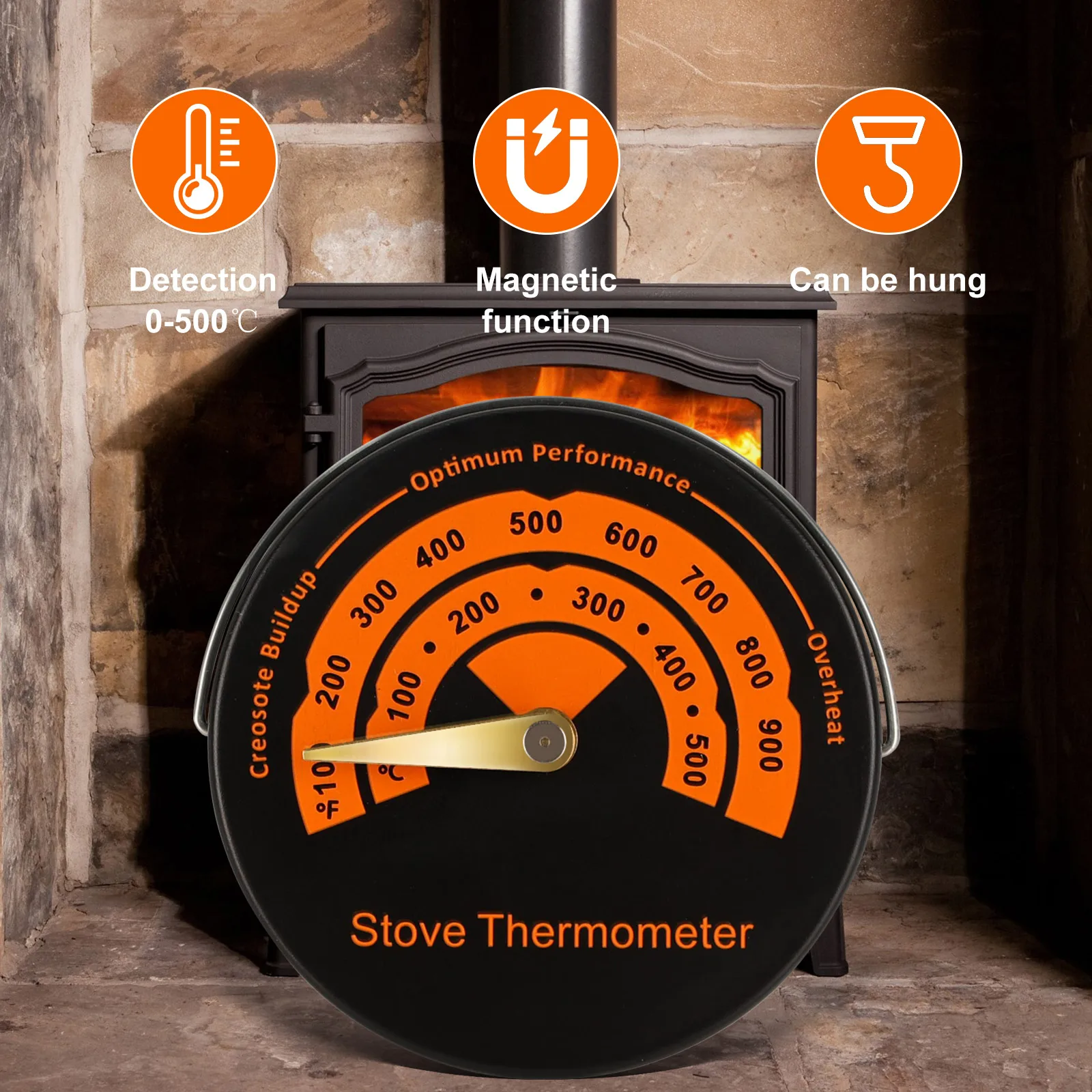 Magnetic Stove Thermometer, Log Burner Fireplace Temperature Gauge, Heat Monitor for Wood, Easy to Read and Install