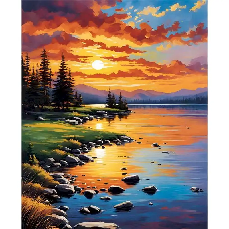 GATYZTORY Painting By Numbers Sunset Lake Landscape Coloring By Numbers Kill Time Picture Drawing Coloring By Numbers Frame Home